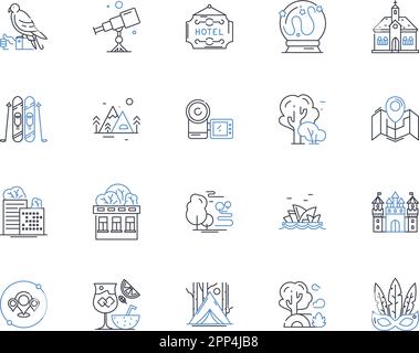 Intercontinental travel line icons collection. Wanderlust, Adventure, Journey, Passport, Culture, Exploration, Excitement vector and linear Stock Vector