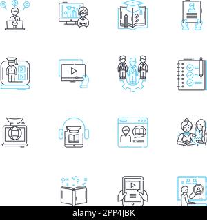 Virtual instruction linear icons set. Distance, Online, Remote, Virtual, Web-based, E-learning, Digital line vector and concept signs. Cyber,Automated Stock Vector