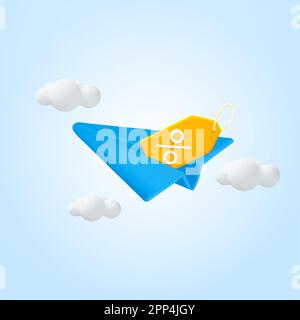 3d yellow coupon and voucher and in paper airplane with clouds on blue background. Business finance, send receive money online, financial transactions, transfer and exchange. 3d vector Illustration. Vector illustration Stock Vector
