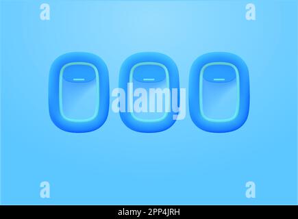 Airplane windows concept, pastel 3d illustration. Plane illuminators front view, travel minimalist interior. Cabin inside concept, tourism background. Porthole flight window. 3d vector illustration. Vector illustration Stock Vector