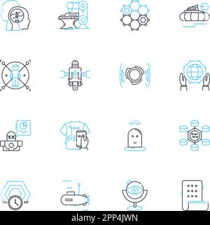 Emerging trends linear icons set. Sustainability, Innovation, Automation, Digitalization, Virtualization, Electric, Smart line vector and concept Stock Vector