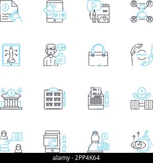Search promotion linear icons set. Visibility, Optimization, Rankings, Keywords, Traffic, Engagement, Perseverance line vector and concept signs Stock Vector