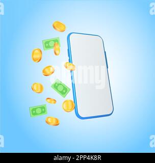 Online payments coin money floating on smartphone blank white screen transaction concept. Payment Internet banking. Falling coins and paper money. 3d vector illustration. Vector illustration Stock Vector