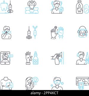 Dental hygiene linear icons set. Teeth, Gums, Plaque, Flossing, Brushing, Tartar, Cavity line vector and concept signs. Fluoride,Mouthwash,Halitosis Stock Vector