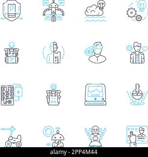 Flying robots linear icons set. Drs, Quadcopters, Hovercraft ...