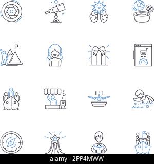 Snow adventure line icons collection. Avalanche, Blizzard, Chalet, Frost, Glacier, Goggles, Gondola vector and linear illustration. Hike,Ice,Igloo Stock Vector