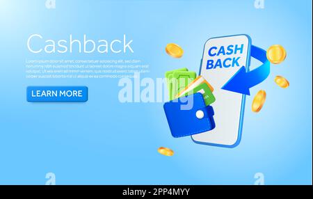 Card banks, money and wallet with cashback mobile phone. Cashback money in a bank account. Protection for online payment. Coins falling, coins floating. Cashback banner concept. 3d vector illustration. Vector illustration Stock Vector