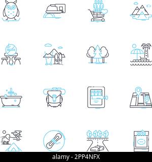 Professional voyages linear icons set. Expedition, Safari, Trek ...