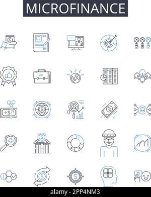 microfinance line icons collection. Crowd funding, Peer-to-peer lending, Angel investing, Venture capital, Social enterprise, Impact investing Stock Vector