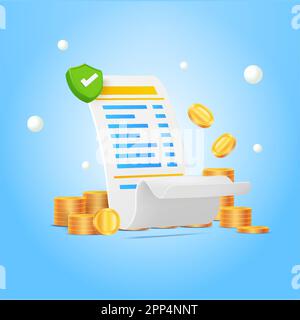 Agree bill, receipt online payments and stack coins floating, checkmark on blue background. pay money, shopping cashback, refund exchange transfer concept. E - bill. 3d vector illustration. Vector illustration Stock Vector