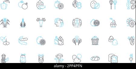 Harvesting linear icons set. Reaping, Gathering, Collecting, Harvest, Crops, Yield, Farming line vector and concept signs. Cultivation,Produce Stock Vector