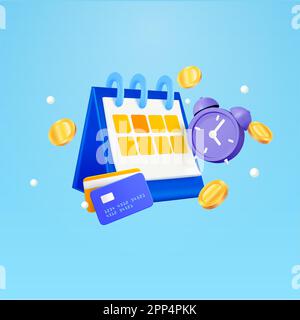 3d calendar and alarm clock with gold coins around. the concept of a reminder of timely payment for services. 3d vector illustration in realistic style isolated on gradient background. Vector illustration Stock Vector