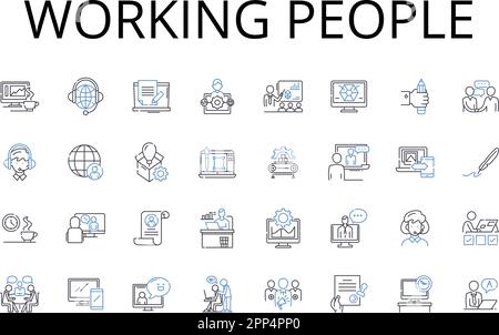 Working people line icons collection. Active folks, Busybodies, Laborers, Workforce, Employee base, Hard workers, Diligent employees vector and linear Stock Vector