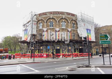 Scaffolding erected around the exterior of the iconic LBGTQ pub the Royal Vauxhall Tavern in Lambeth, London, SE1, England, UK Stock Photo