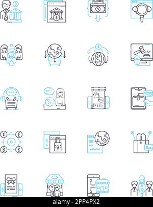 Virtual commerce linear icons set. E-commerce, Online shopping, Webstores, Digital marketing, Internet retail, Remote transactions, Virtual Stock Vector