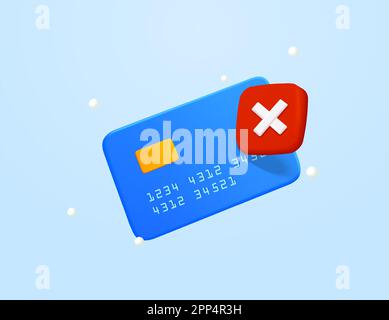 3D declined payment credit card. Canceled payment design concept. Error and red cross sign. Blocked account. No pay. Cards not accepted. 3d illustration vector isolated on gradient background. Vector illustration Stock Vector