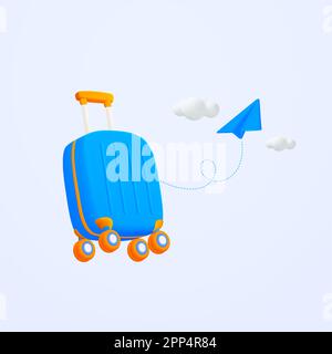 Time to travel concept, 3d paper airplane with blue suitcase, valise tourism and travel plan to trip, bag travel holiday vacation. 3d vector illustration. Vector illustration Stock Vector