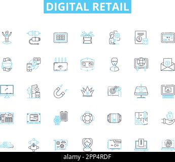 Digital retail linear icons set. E-commerce, Omnichannel, Personalization, Mobile, AI, Virtual, Augmented line vector and concept signs. Social Stock Vector
