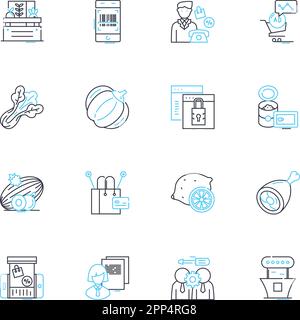 Shopping plaza linear icons set. Retail, Stores, Boutiques, Market, Mall, Outlet, Emporium line vector and concept signs. Bazaar,Grocery,Department Stock Vector