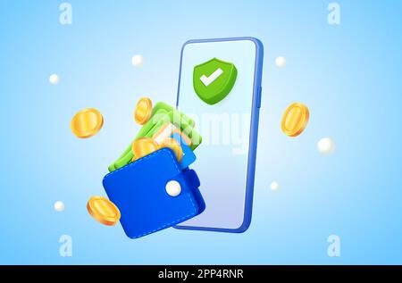 3d floating smartphone with green tick, wallet, banking debit credit cards, coins on gradient background. Banner for online promotion, e-commerce, shopping, advertising. 3D vector illustration. Vector illustration Stock Vector