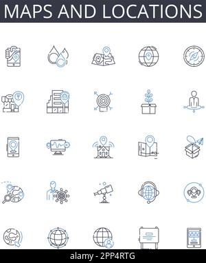 Maps and locations line icons collection. Cartography, Geolocation, Topography, Atlas, Navigation, Terrain, Geocaching vector and linear illustration Stock Vector