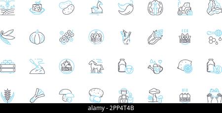Agribusiness linear icons set. Farming, Livestock, Produce, Irrigation, Fertilizer, Harvest, Cultivation line vector and concept signs. Agronomy Stock Vector