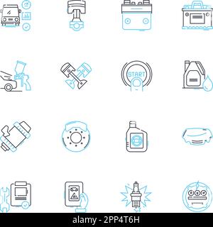 Automobile Servicing linear icons set. Maintenance, Repairs, Servicing, Oil changes, Brakes, Tires, Alignment line vector and concept signs Stock Vector