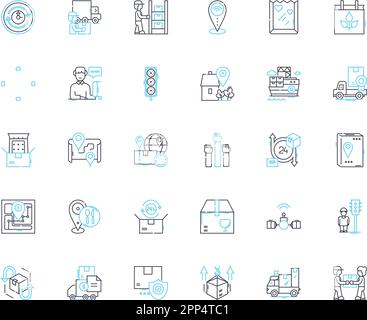 Ocean shore linear icons set. Waves, Sand, Seagulls, Tide, Shells, Beach, Surf line vector and concept signs. Rocks,Cliffs,Spray outline illustrations Stock Vector