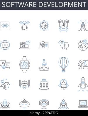 Software development line icons collection. Website design, Social media, Financial planning, Game development, Graphic design, Digital marketing Stock Vector