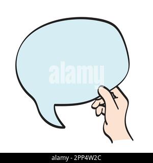 closeup hand holding blue bubble speech illustration vector hand drawn isolated on white background line art. Stock Vector