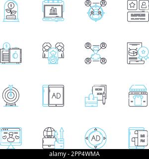 SEO optimization linear icons set. Keywords, Analytics, Content, Backlinks, Ranking, Meta-tags, Algorithm line vector and concept signs. URL,Traffic Stock Vector