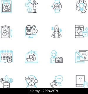 Consumer interaction linear icons set. Feedback, Engagement, Comprehension, Dialogue, Persuasion, Collaboration, Insight line vector and concept signs Stock Vector