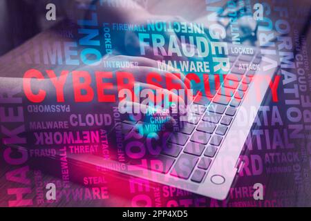 Woman using laptop with colorful VR cyber security interface. Cyber security data protection business technology. Protection against dangers. Stock Photo