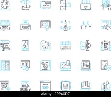 Electronic equipment linear icons set. Gadgets, Devices, Technology, Automation, Compnts, Cybersecurity, Robotics line vector and concept signs Stock Vector
