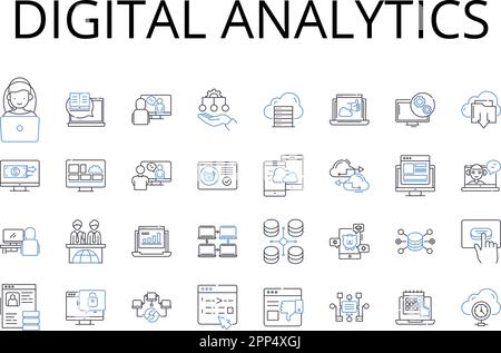 Digital analytics line icons collection. Information technology, Social media, Online programming, Data management, Internet marketing, Artificial Stock Vector