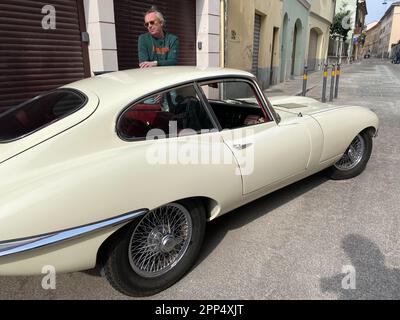 Cremona, Italy - April 2023 owner and vintage Jaggie e-type coupe Stock Photo