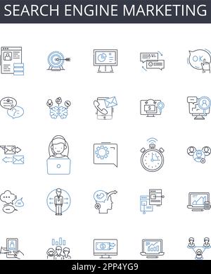 Search engine marketing line icons collection. Digital advertising, Online promotion, Social media, Content marketing, Email marketing, Pay-per-click Stock Vector