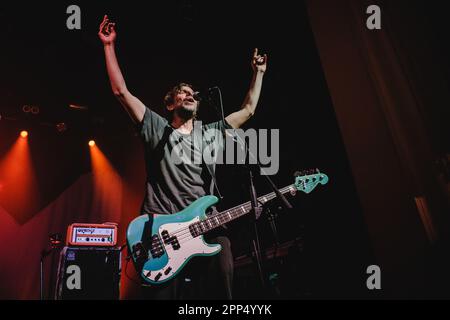 Bern, Switzerland. 21st Apr, 2023. The German indie rock band Sportfreunde Stiller performs a live concert at Bierhübeli in Bern. Here bass player and singer Rüdiger Linhof is seen live on stage. (Photo Credit: Gonzales Photo/Alamy Live News Stock Photo