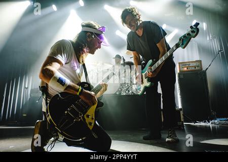 Bern, Switzerland. 21st Apr, 2023. The German indie rock band Sportfreunde Stiller performs a live concert at Bierhübeli in Bern. Here singer and musician Peter Brugger is seen live on stage with bass player Rüdiger Linhof. (Photo Credit: Gonzales Photo/Alamy Live News Stock Photo
