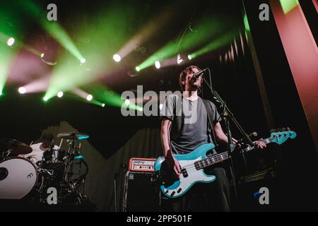 Bern, Switzerland. 21st Apr, 2023. The German indie rock band Sportfreunde Stiller performs a live concert at Bierhübeli in Bern. Here bass player and singer Rüdiger Linhof is seen live on stage. (Photo Credit: Gonzales Photo/Alamy Live News Stock Photo