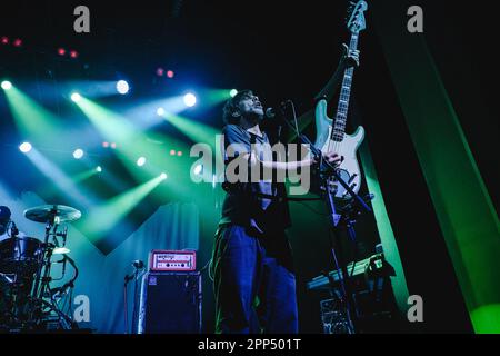 Bern, Switzerland. 21st Apr, 2023. The German indie rock band Sportfreunde Stiller performs a live concert at Bierhübeli in Bern. Here bass player and singer Rüdiger Linhof is seen live on stage. (Photo Credit: Gonzales Photo/Alamy Live News Stock Photo