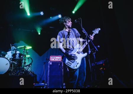 Bern, Switzerland. 21st Apr, 2023. The German indie rock band Sportfreunde Stiller performs a live concert at Bierhübeli in Bern. Here bass player and singer Rüdiger Linhof is seen live on stage. (Photo Credit: Gonzales Photo/Alamy Live News Stock Photo