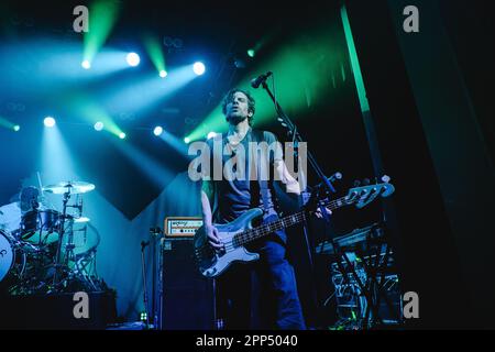 Bern, Switzerland. 21st Apr, 2023. The German indie rock band Sportfreunde Stiller performs a live concert at Bierhübeli in Bern. Here bass player and singer Rüdiger Linhof is seen live on stage. (Photo Credit: Gonzales Photo/Alamy Live News Stock Photo