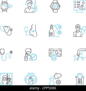 Outbreak linear icons set. Epidemic, Contagion, Infected, Quarantine, Pandemic, Spread, Vaccine line vector and concept signs. Isolation,Virus,Health Stock Vector