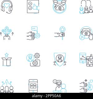 Client relations linear icons set. Trust, Loyalty, Communication, Partnership, Satisfaction, Responsiveness, Cooperation line vector and concept signs Stock Vector
