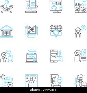 Virtual tutorials linear icons set. E-learning, Distance learning, Online classes, Virtual classes, Webinars, Videoconferencing, Remote lessons line Stock Vector