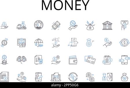 Money line icons collection. Wealth, Currency, Cash, Dough, Bucks, Moolah, Funds vector and linear illustration. Coins,Greenbacks,Scratch outline Stock Vector