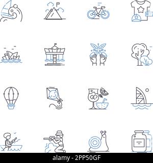Fun season and recreation line icons collection. Summer, Beach, Swimming, Camping, Traveling, Outdoors, Adventure vector and linear illustration Stock Vector