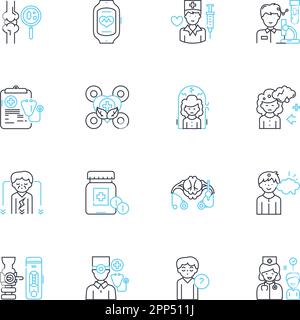 Disease management linear icons set. Prevention, Diagnosis, Treatment, Medication, Health, Wellness, Monitoring line vector and concept signs Stock Vector