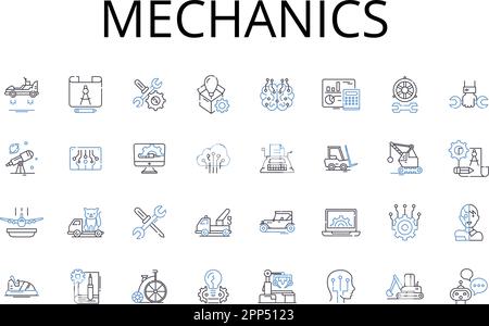 Mechanics line icons collection. Physics, Dynamics, Kinetics, Motion, Movement, Force, Energy vector and linear illustration. Work,Newton's laws Stock Vector